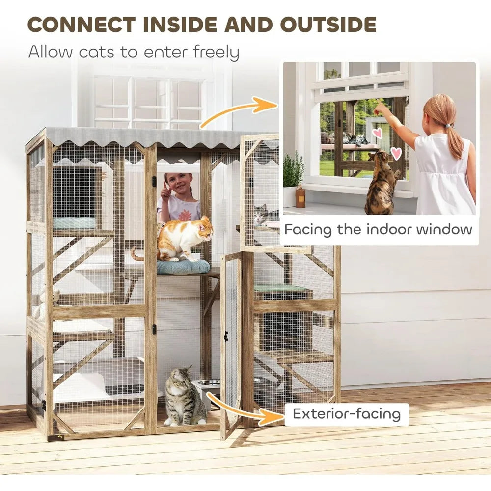 Outdoor Cat Enclosure with Waterproof Roof and Platforms