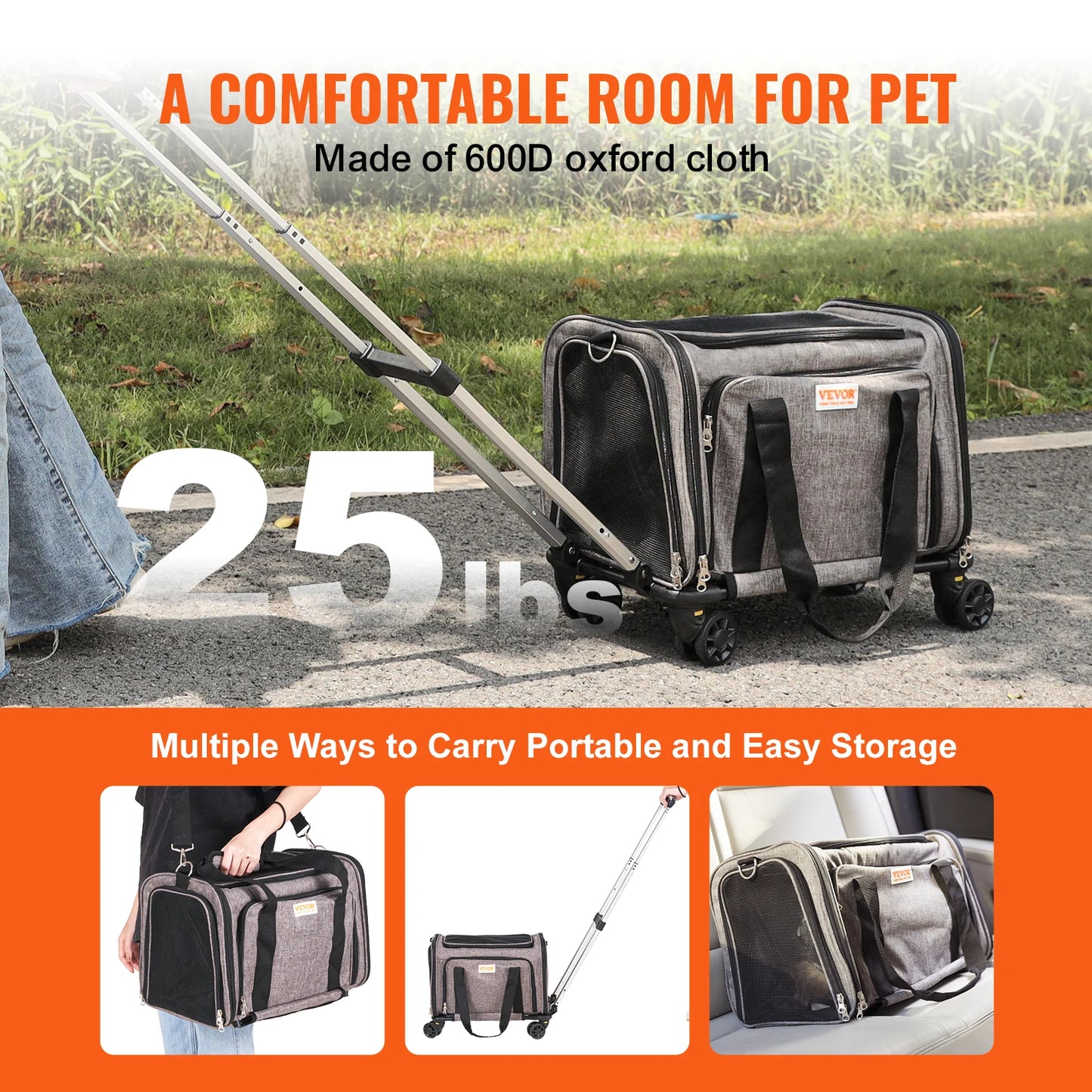 SucceBuy Pet Cat Carrier Breathable Travel Backpack with Wheels