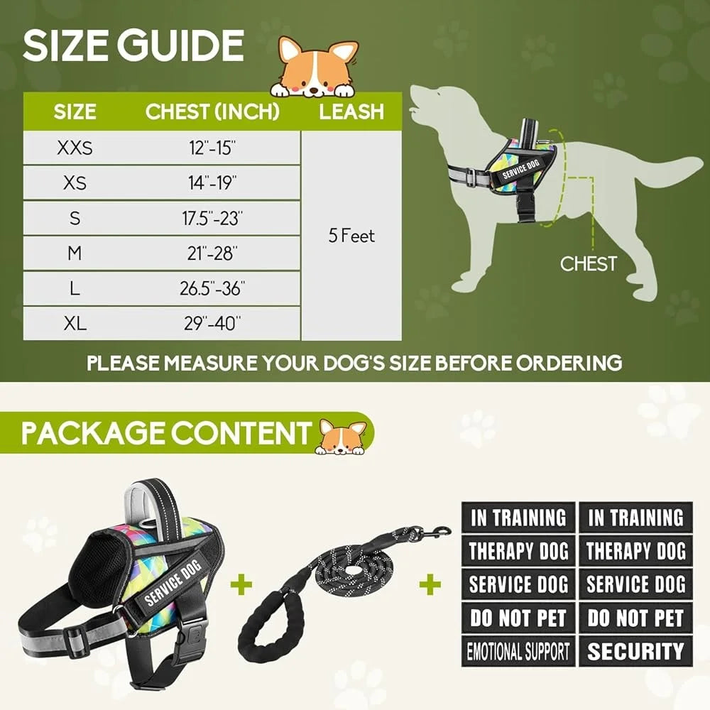 Service Dog Harness Leash Set Reflective No Pull 10 Patches Multi Color Training Vest Durable Lightweight Small to XL Dogs