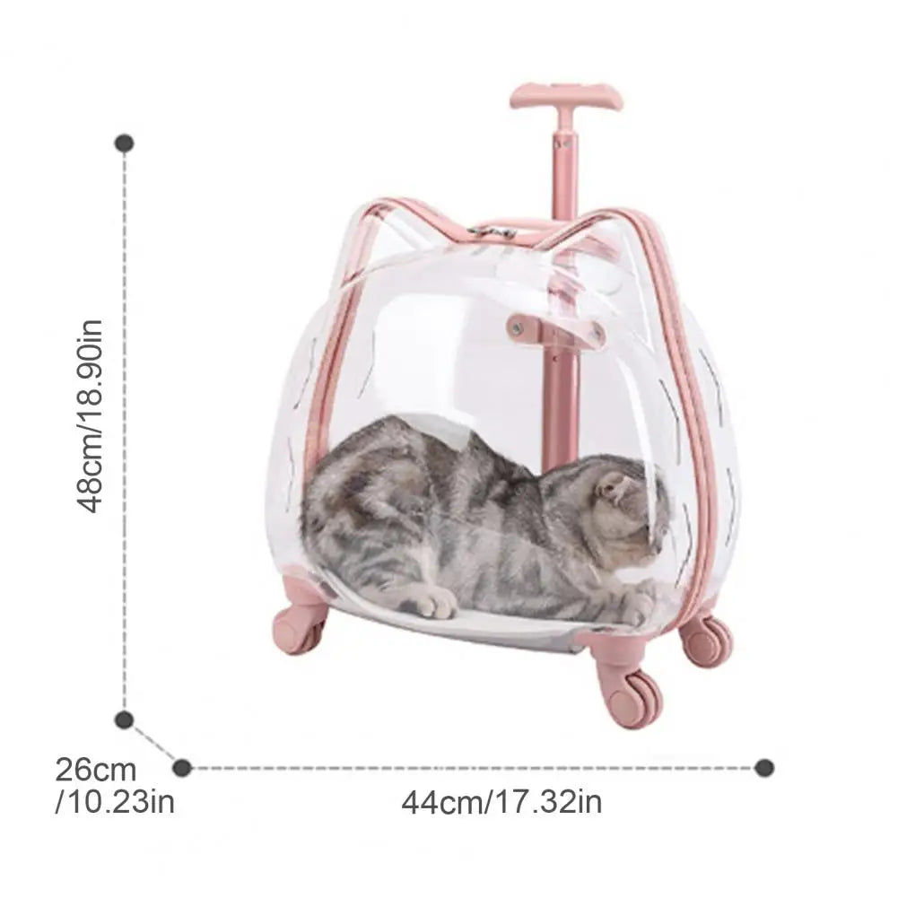 Cat Carrier with Wheels Transparent Pet Trolley Case Telescopic Rod Spacious Breathable Pet Trolley for Hiking Travel