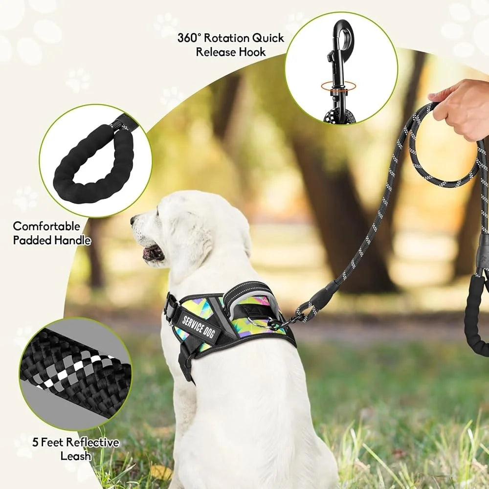 Service Dog Harness Leash Set Reflective No Pull 10 Patches Multi Color Training Vest Durable Lightweight Small to XL Dogs