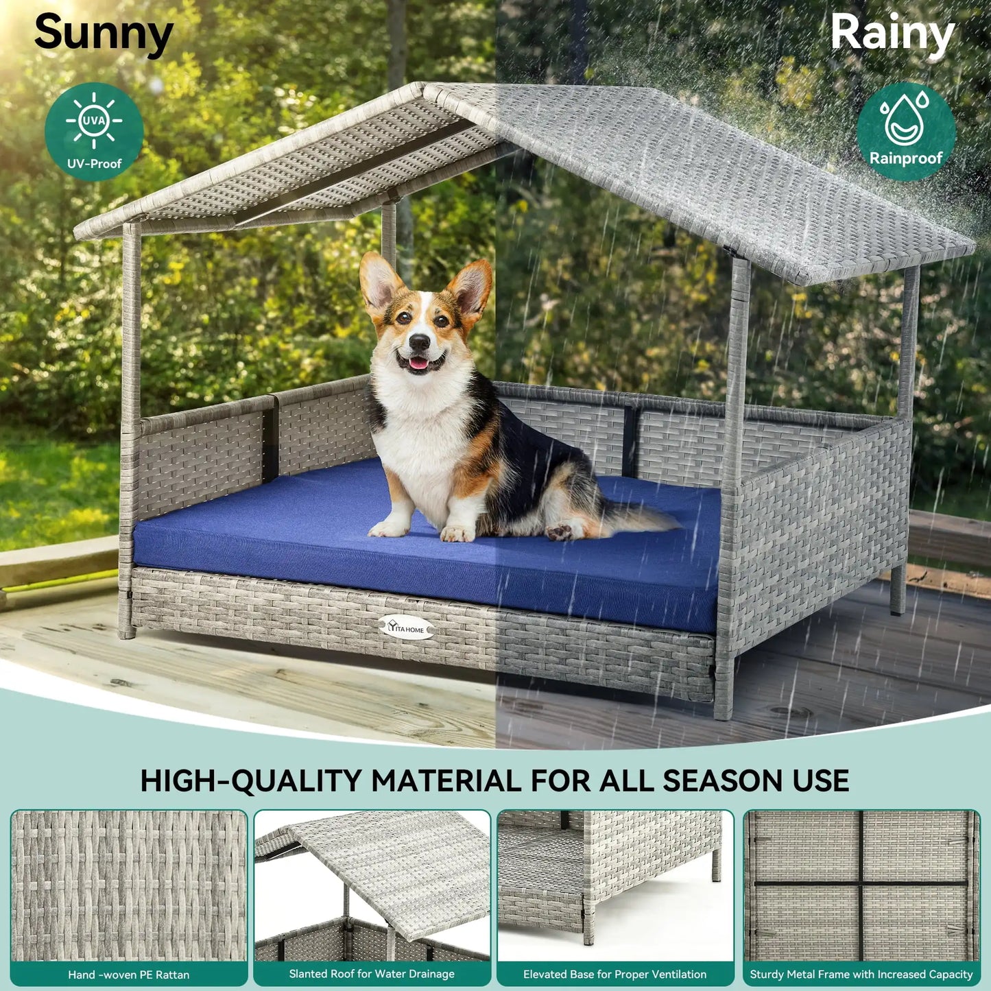 XMSJ Outdoor Rattan Dog House With Canopy And Elevated Bed