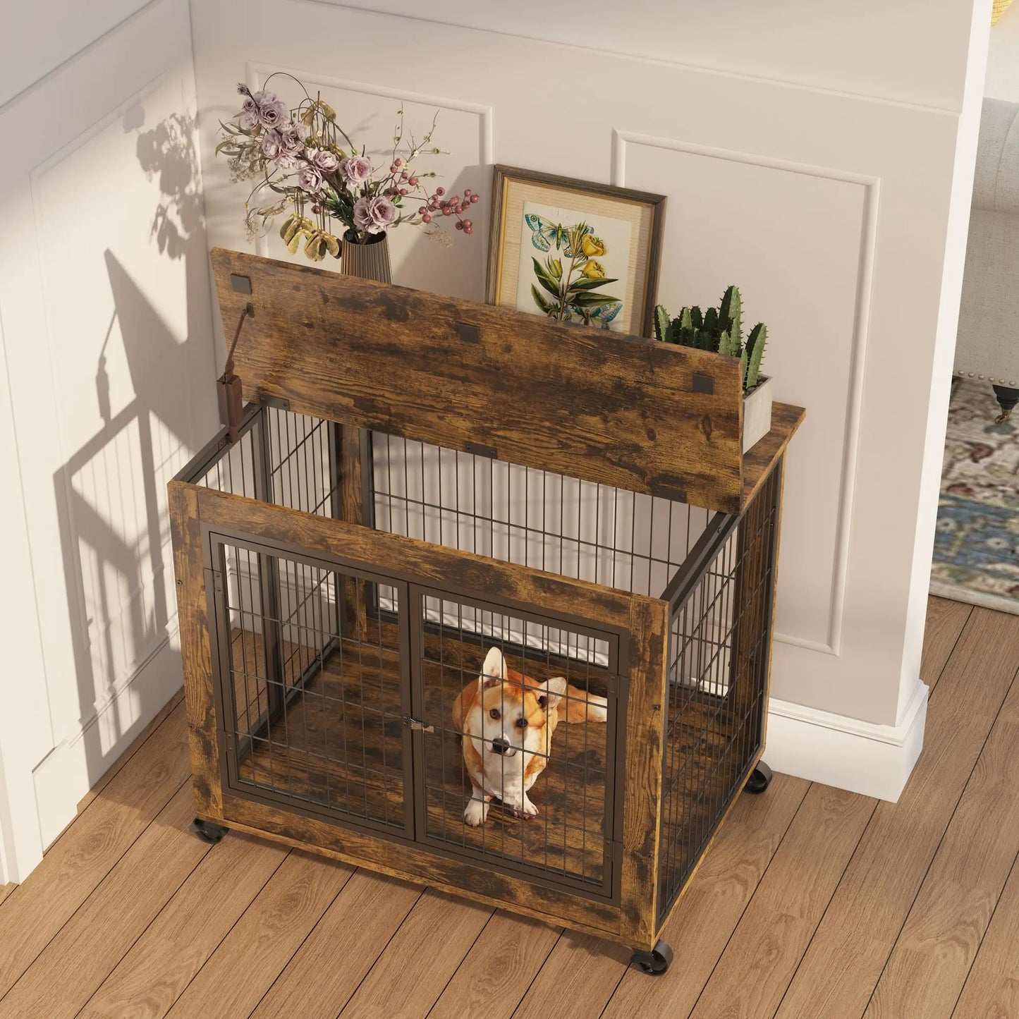 Furniture Style Dog Crate Side Table on Wheels
