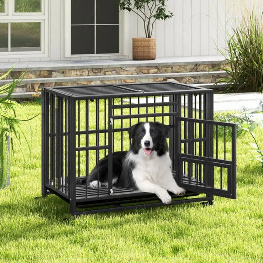 Foldable Heavy-Duty Metal Dog Cage with Lockable Wheels