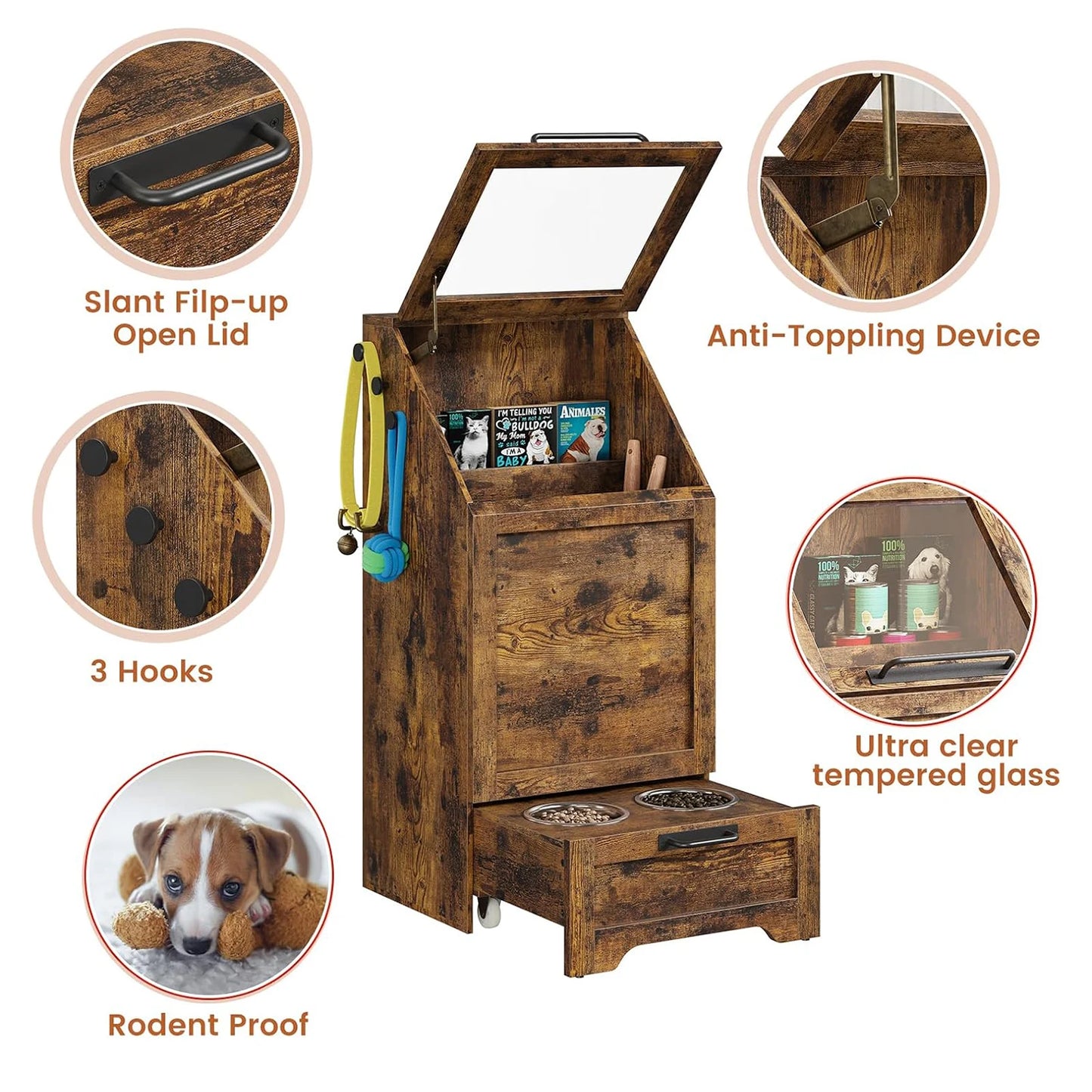 Dog Feeding Station with 2 Elevated Dog Bowls Flip Top Pet Food Cabinet Pet Food Container Pet Toys Storage Organizer