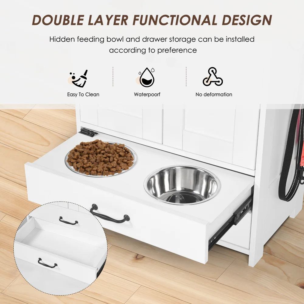 Dog Feeding Station with Adjustable Bowls and Hooks