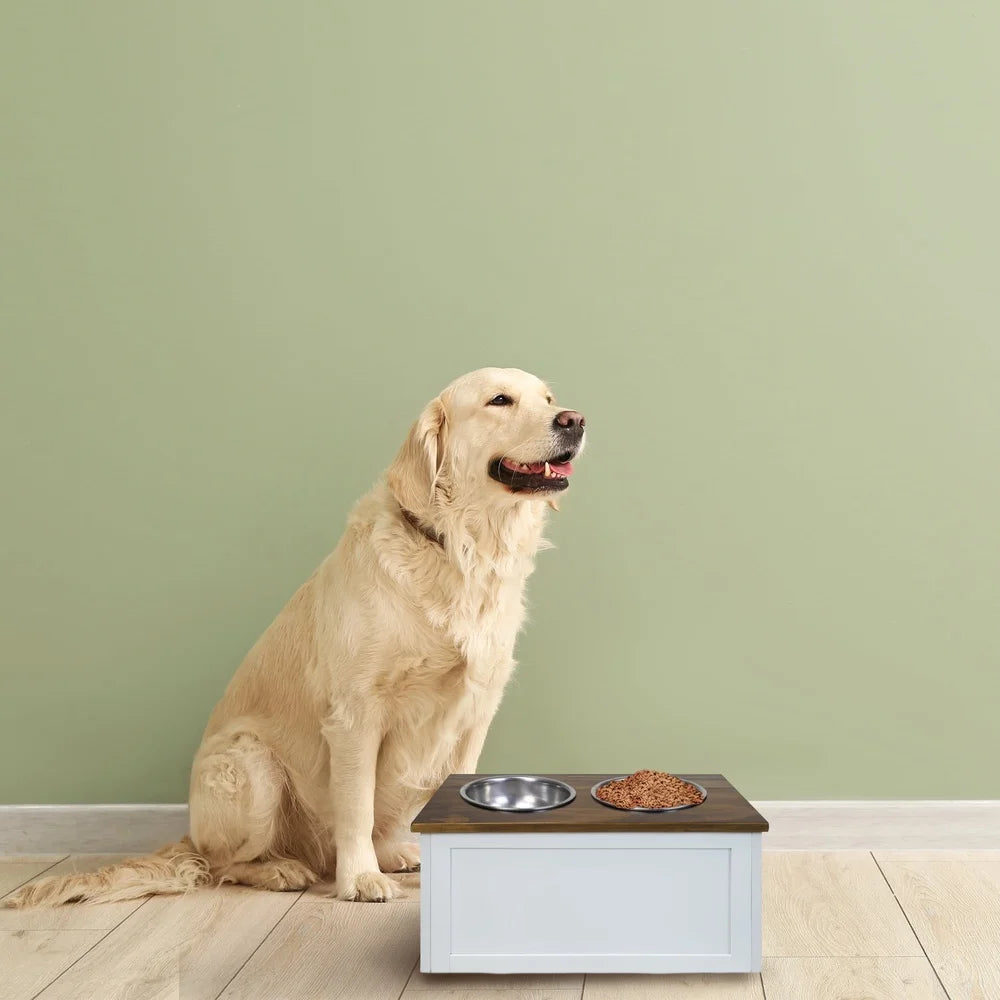Solid Wood Pet Feeder Stand with Storage Dogs Two Bowl Design Easy Assembly Home Organization