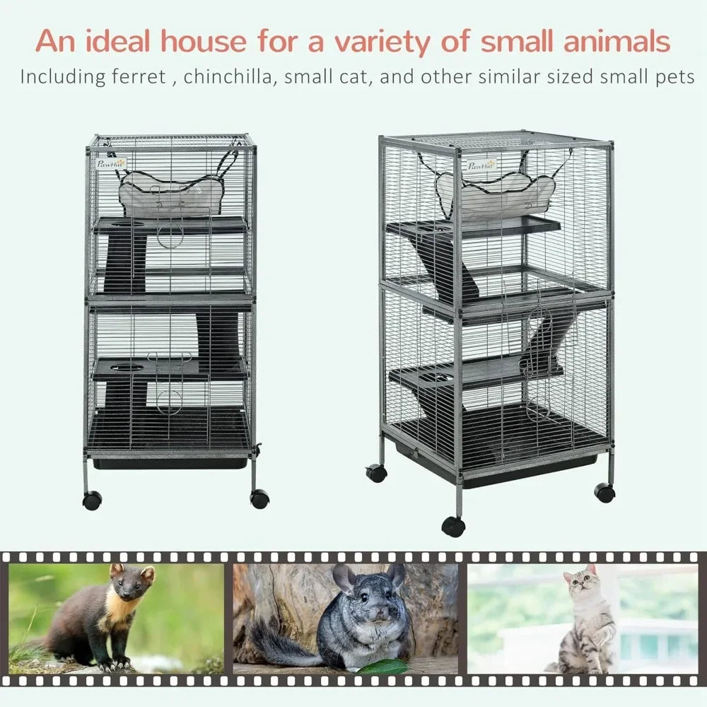 Metal Small Animal Cage with Hammock and Rolling Base