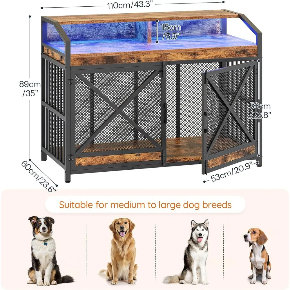 MKDK Large Dog Crate Furniture with LED Lights