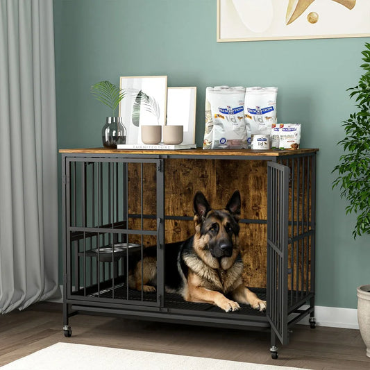 Modern Kennel Dog Cage with Removable Tray and Bowls
