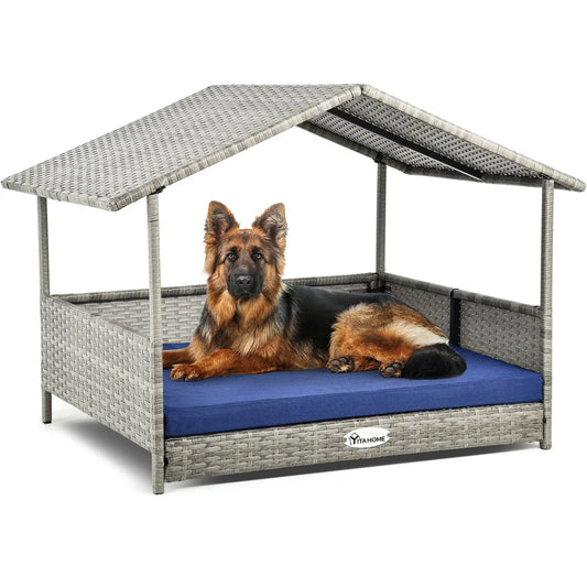 XMSJ Outdoor Rattan Dog House With Canopy And Elevated Bed