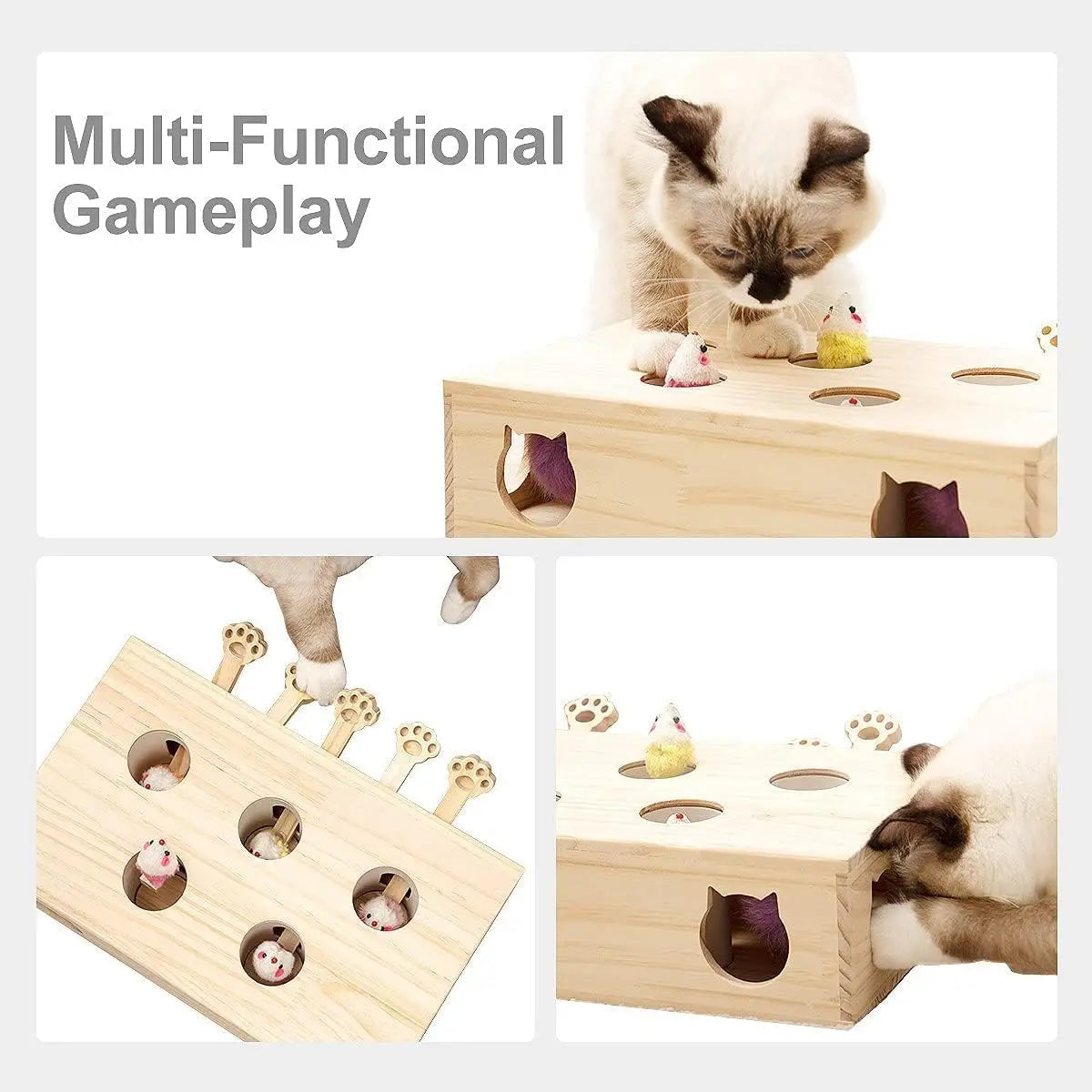 MEWOOFUN Interactive Whack A Mole Wooden Cat Toy Game
