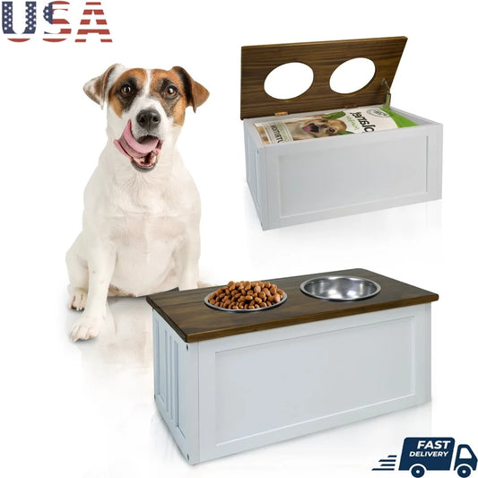 Solid Wood Pet Feeder Stand with Storage Dogs Two Bowl Design Easy Assembly Home Organization