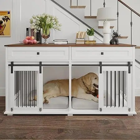 Wooden Dog Crate Table Furniture with Storage Drawers
