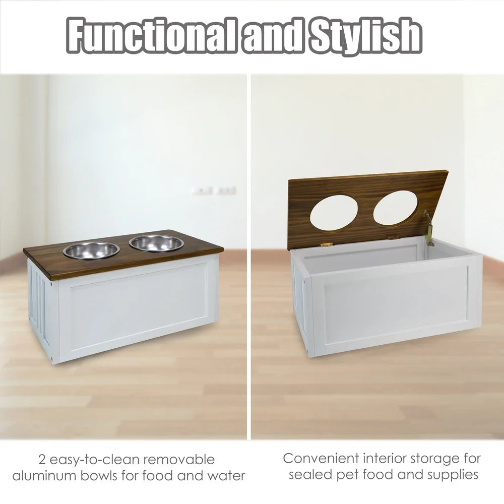 Solid Wood Pet Feeder Stand with Storage Dogs Two Bowl Design Easy Assembly Home Organization