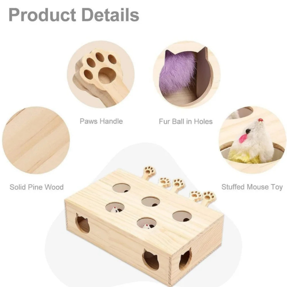 MEWOOFUN Interactive Whack A Mole Wooden Cat Toy Game