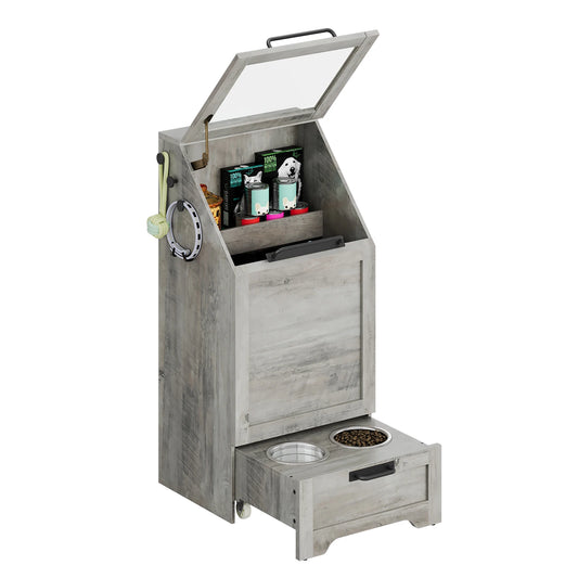 Dog Feeding Station with 2 Elevated Dog Bowls Flip Top Pet Food Cabinet Pet Food Container Pet Toys Storage Organizer