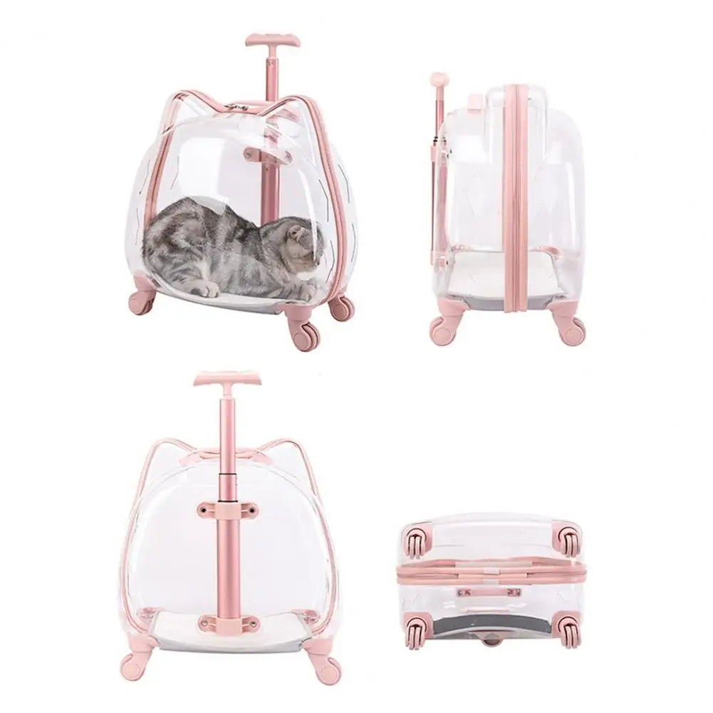 Cat Carrier with Wheels Transparent Pet Trolley Case Telescopic Rod Spacious Breathable Pet Trolley for Hiking Travel