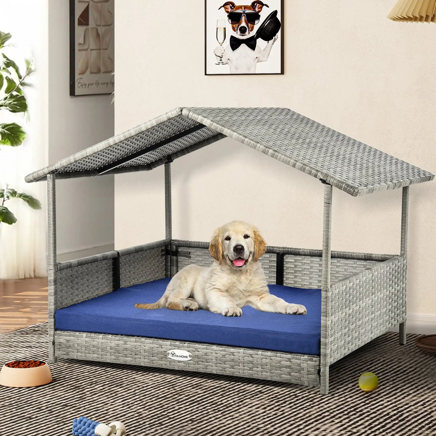 XMSJ Outdoor Rattan Dog House With Canopy And Elevated Bed