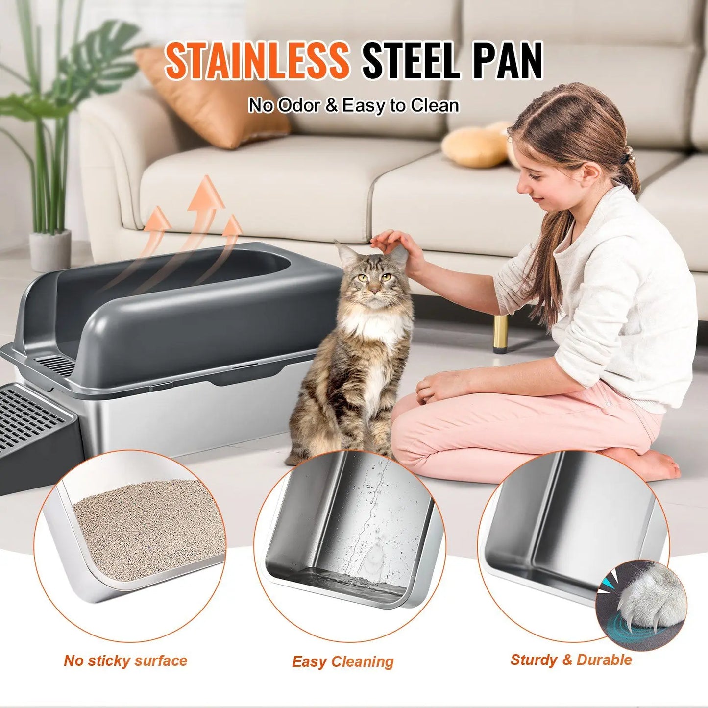 Stainless Steel Cat Litter Box with High Walls