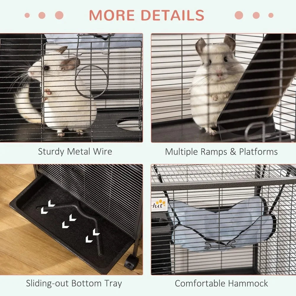 Metal Small Animal Cage with Hammock and Rolling Base