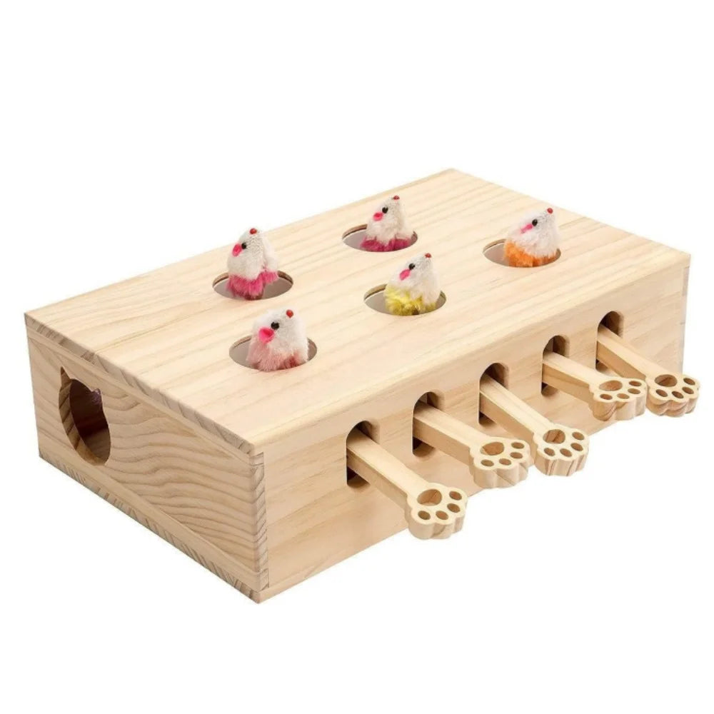 MEWOOFUN Interactive Whack A Mole Wooden Cat Toy Game