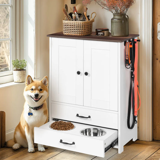 Dog Feeding Station with Adjustable Bowls and Hooks