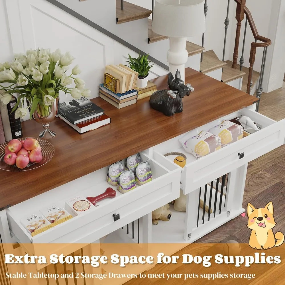 Wooden Dog Crate Table Furniture with Storage Drawers