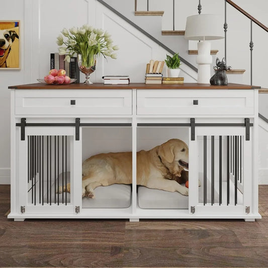 Wooden Dog Crate Table Furniture with Storage Drawers