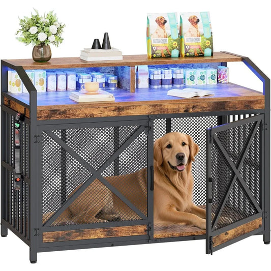 MKDK Large Dog Crate Furniture with LED Lights