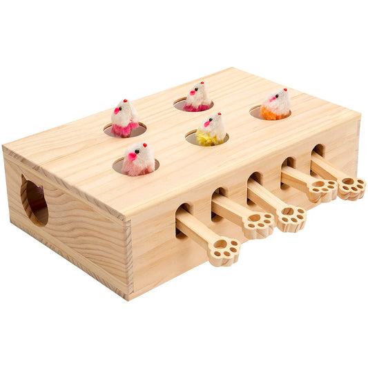 MEWOOFUN Interactive Whack A Mole Wooden Cat Toy Game