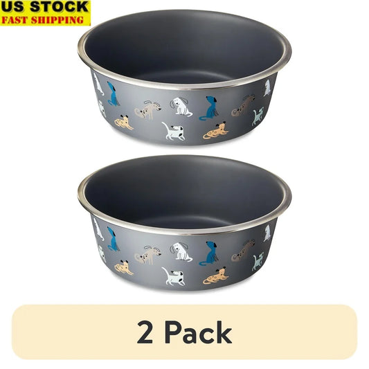 Stainless Steel Dog Bowl Set 64oz Capacity Non-Slip Base Fun Dog Face Design Easy Clean Durable Pet Feeding Dish