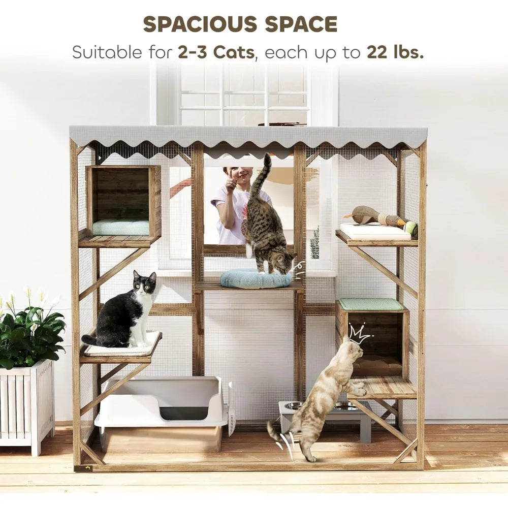 Outdoor Cat Enclosure with Waterproof Roof and Platforms