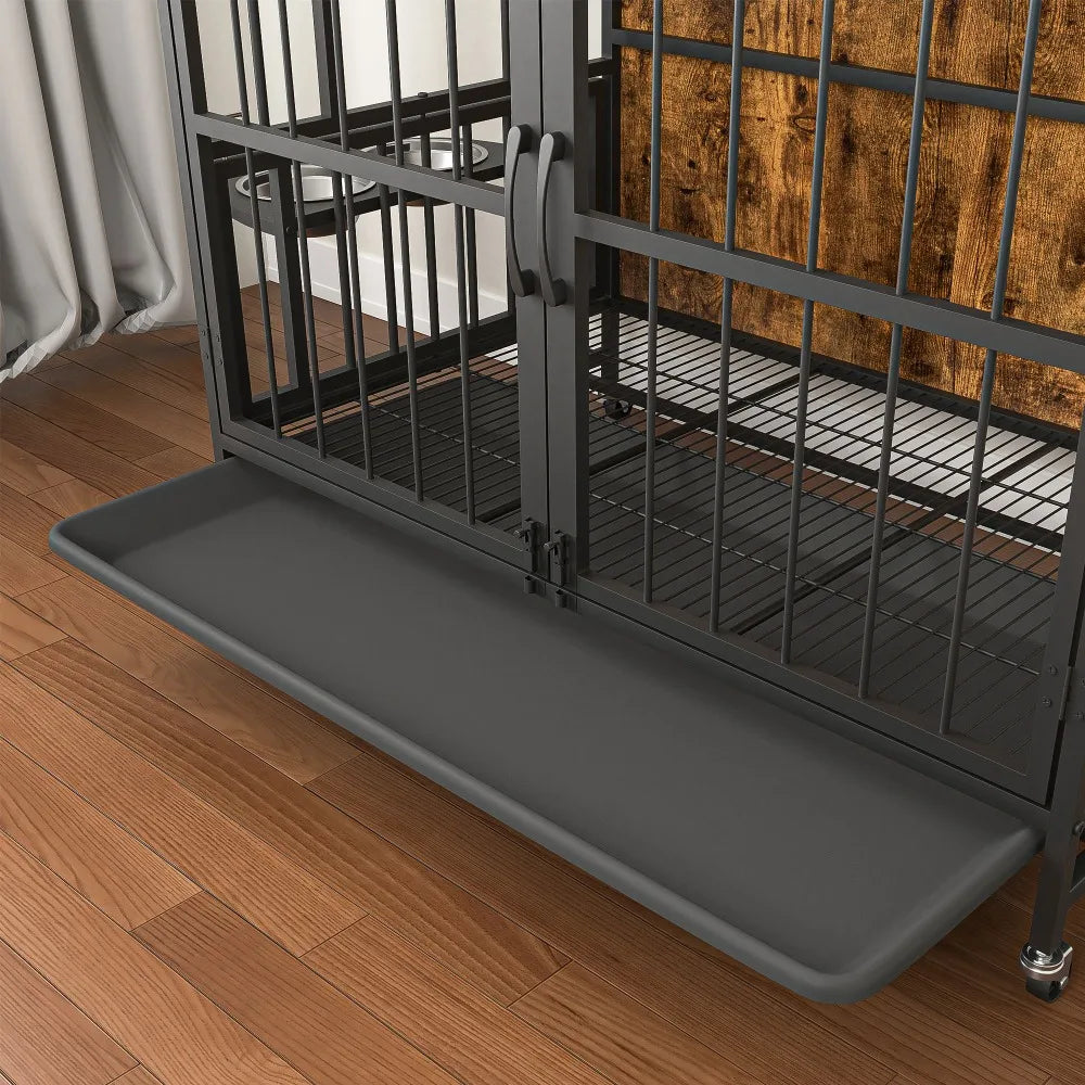 Modern Kennel Dog Cage with Removable Tray and Bowls