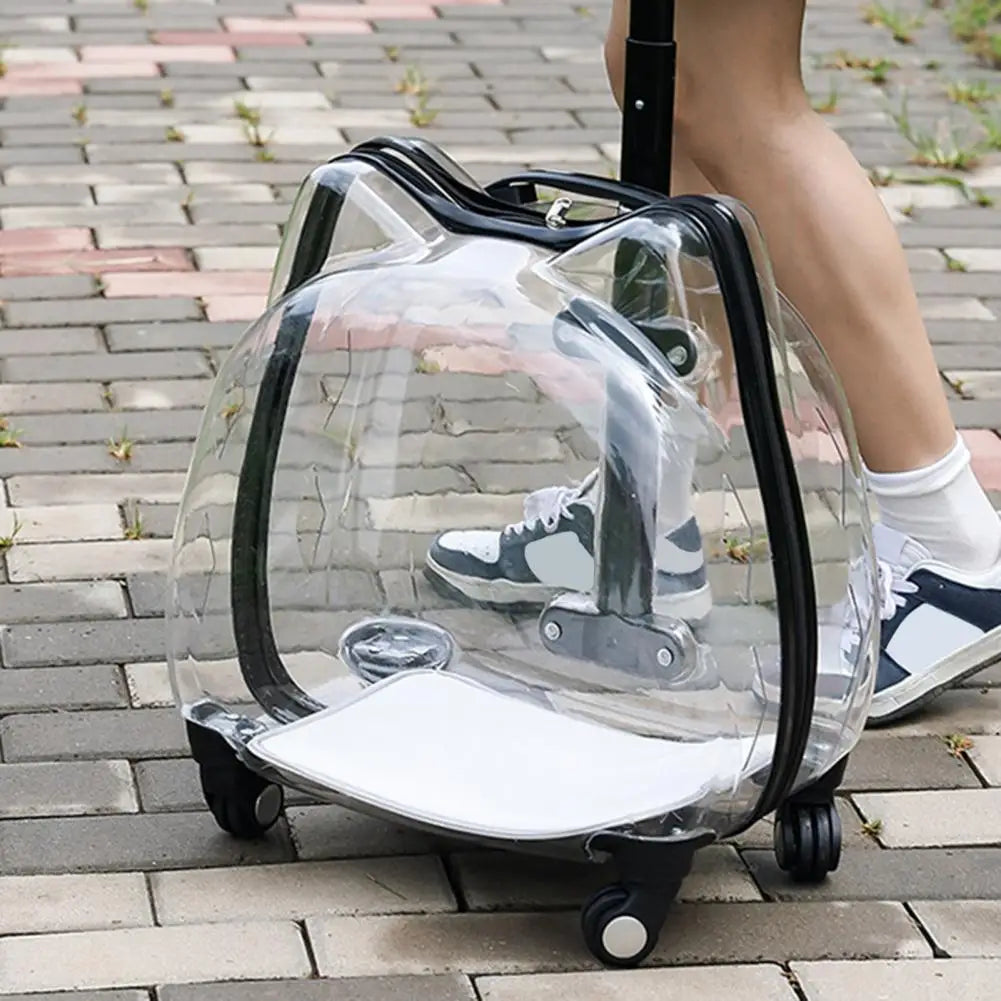 Cat Carrier with Wheels Transparent Pet Trolley Case Telescopic Rod Spacious Breathable Pet Trolley for Hiking Travel