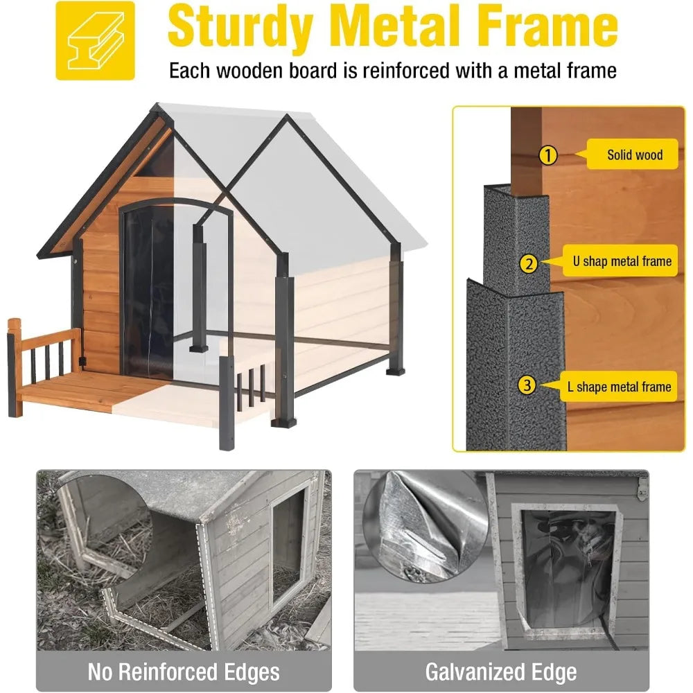 MKDK Outdoor Weatherproof Dog House with Metal Frame