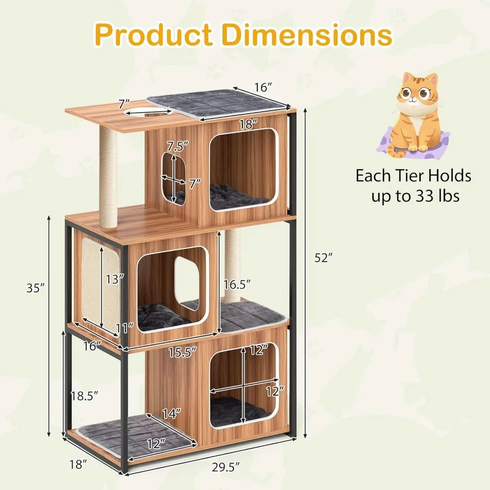 PETSITE 52 Inch Wood Cat Tree Multi-Level Cat Tower