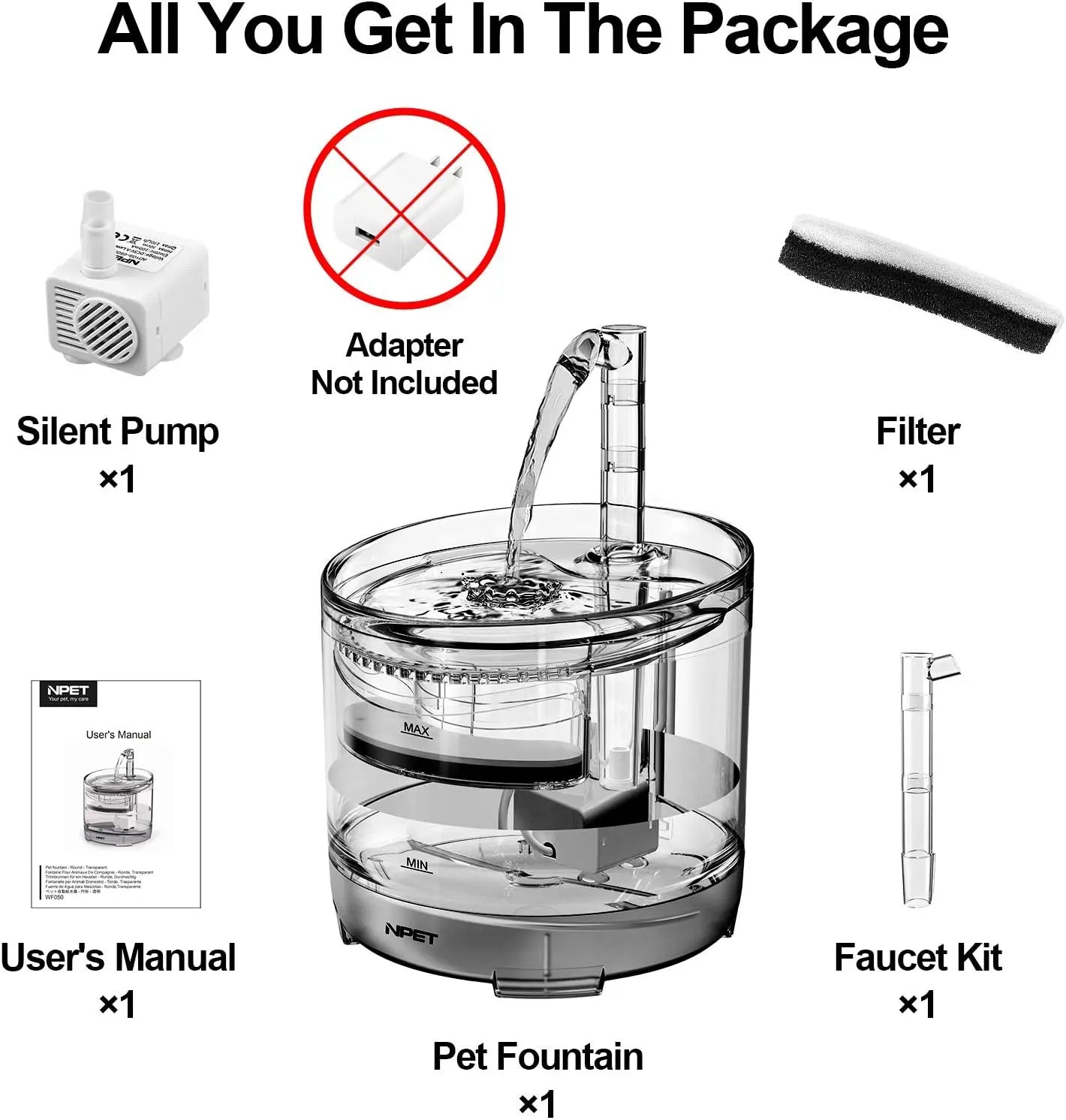 NPET Automatic Cat Water Fountain with Replacement Faucet Kit