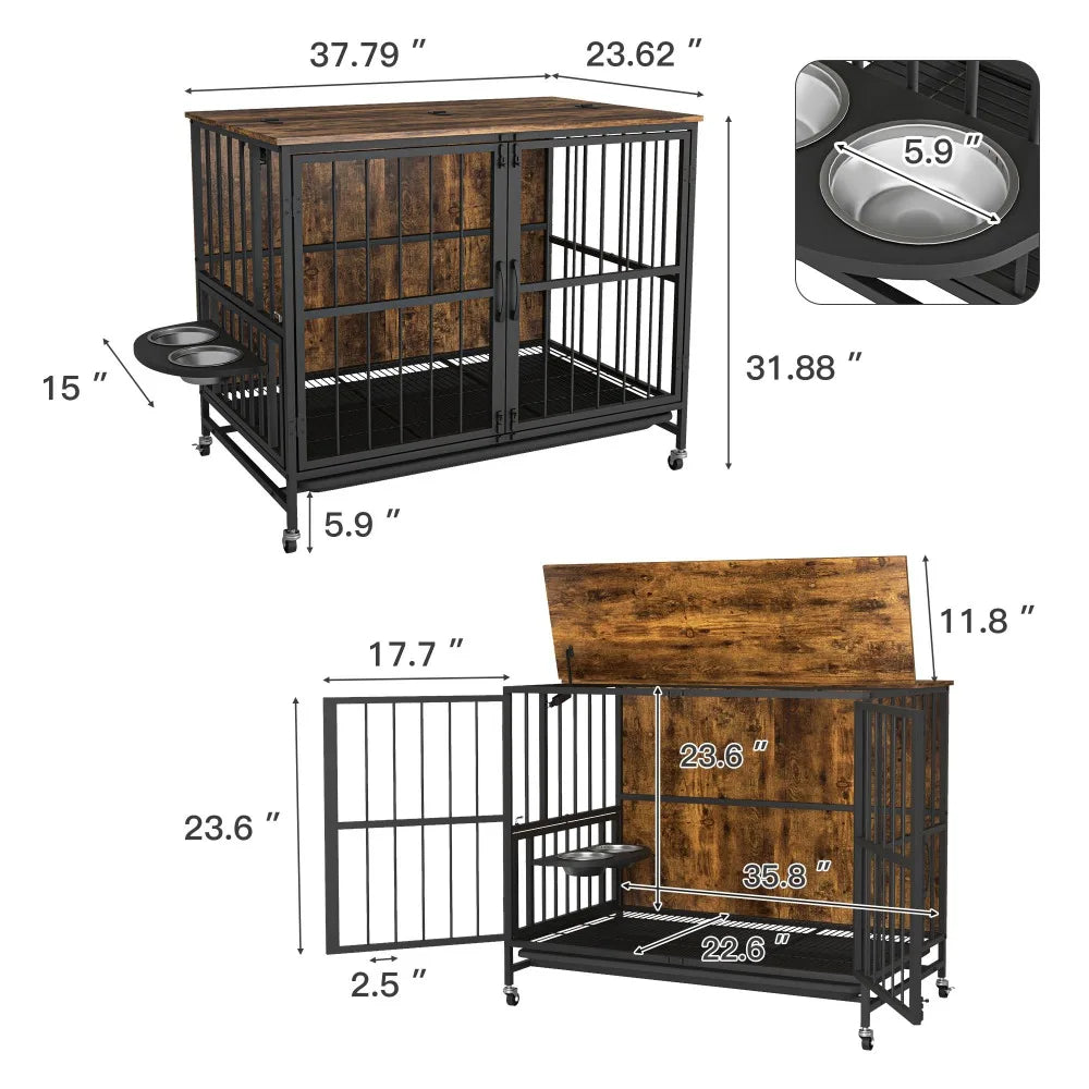 Modern Kennel Dog Cage with Removable Tray and Bowls