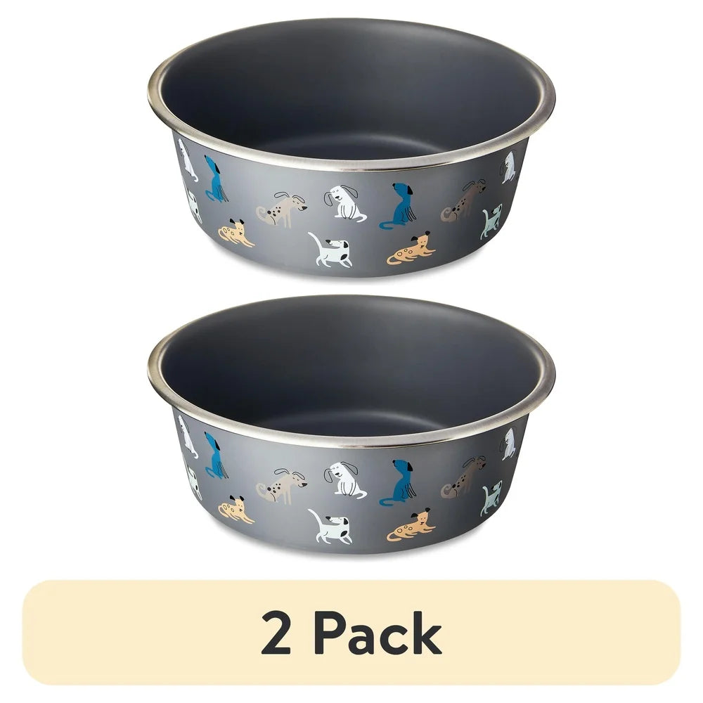 Stainless Steel Dog Bowl Set 64oz Capacity Non-Slip Base Fun Dog Face Design Easy Clean Durable Pet Feeding Dish