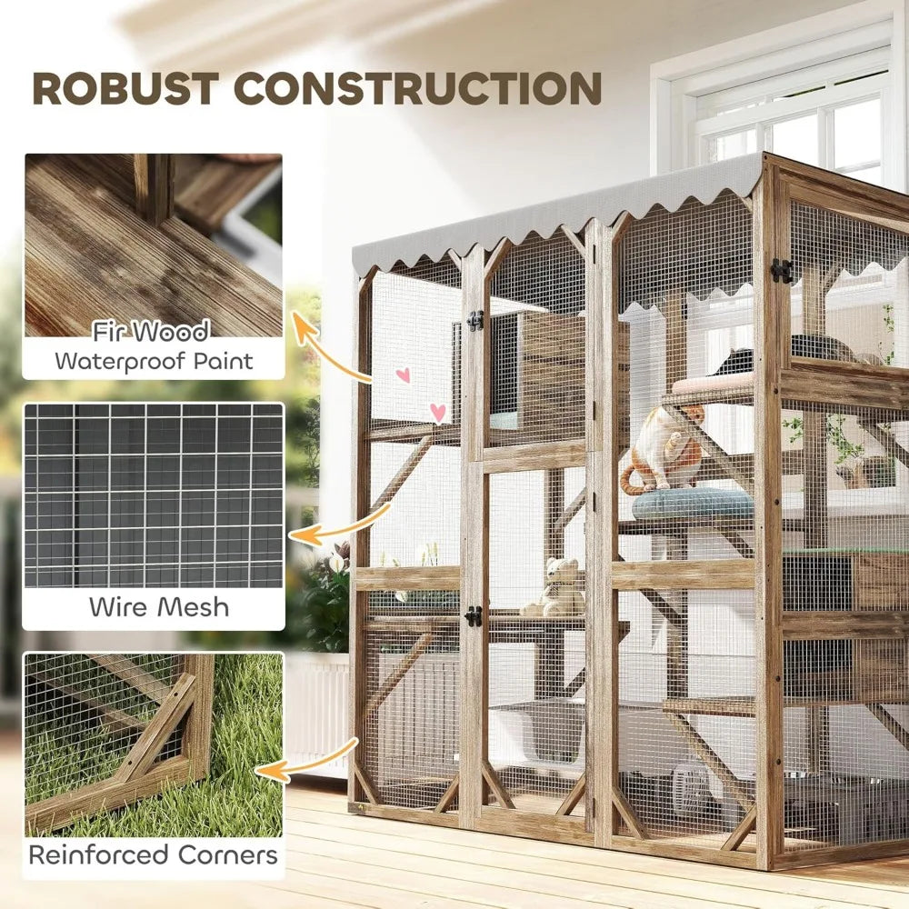 Outdoor Cat Enclosure with Waterproof Roof and Platforms