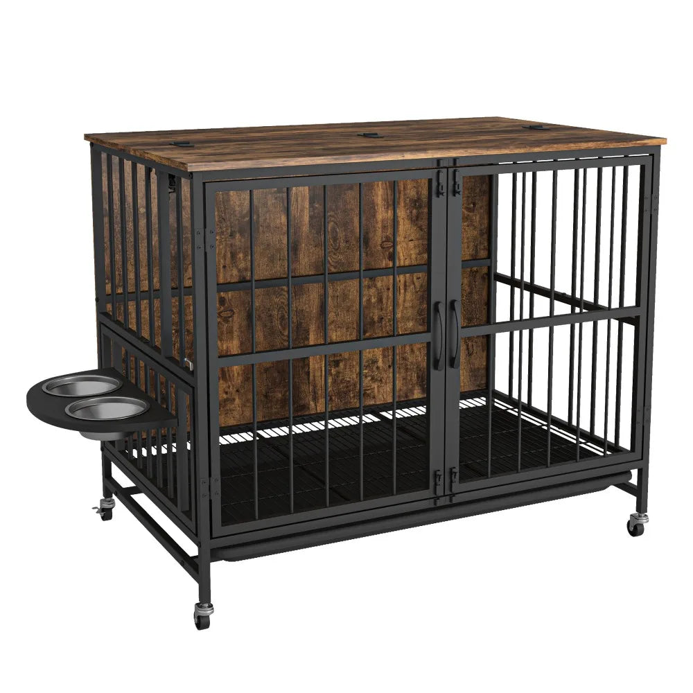 Modern Kennel Dog Cage with Removable Tray and Bowls