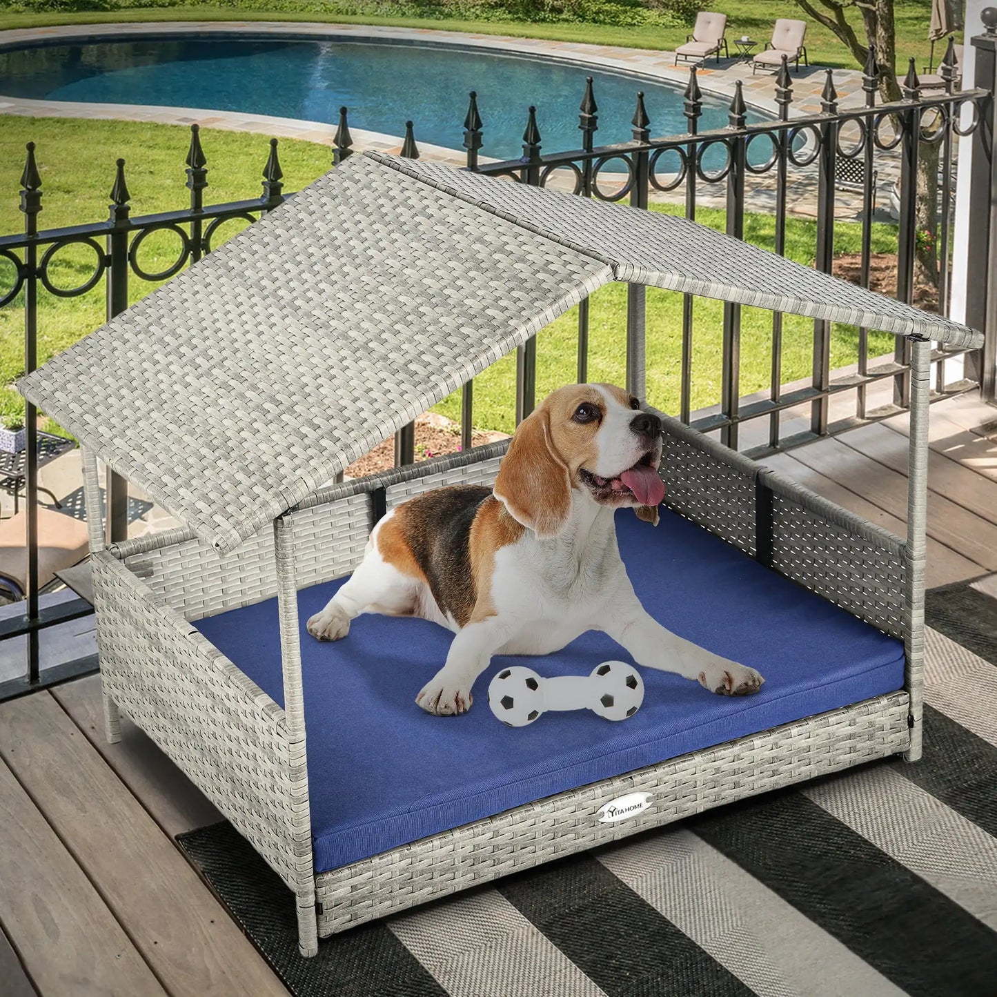 XMSJ Outdoor Rattan Dog House With Canopy And Elevated Bed