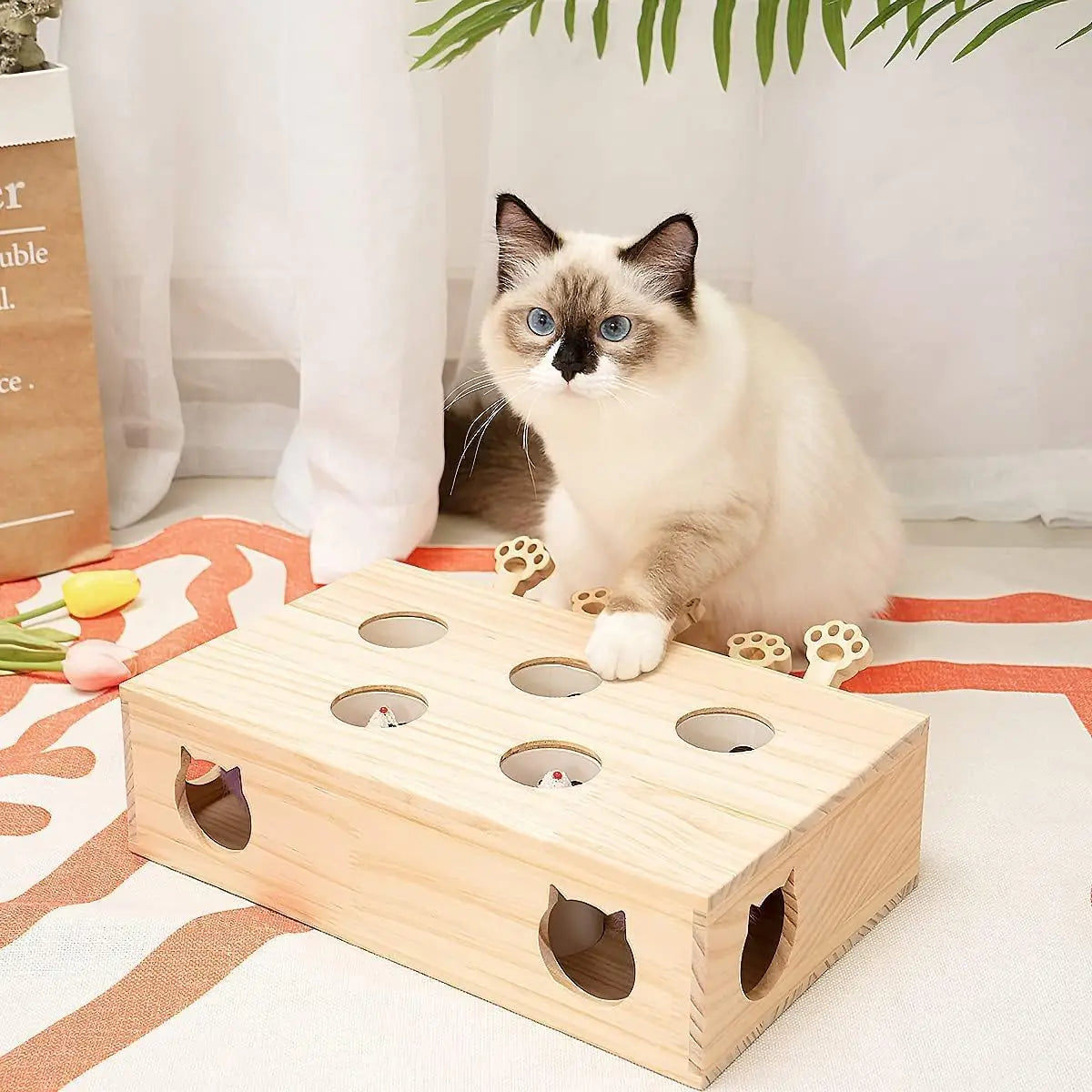 MEWOOFUN Interactive Whack A Mole Wooden Cat Toy Game