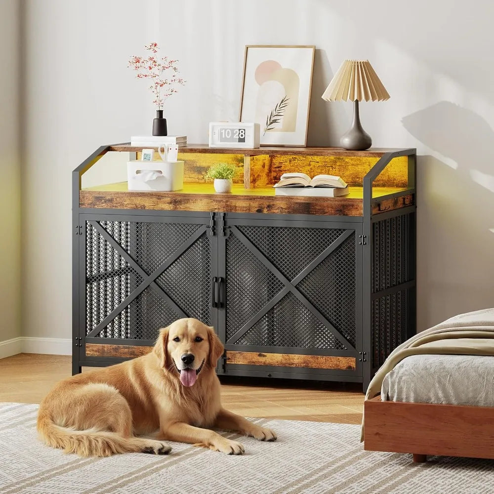 MKDK Large Dog Crate Furniture with LED Lights