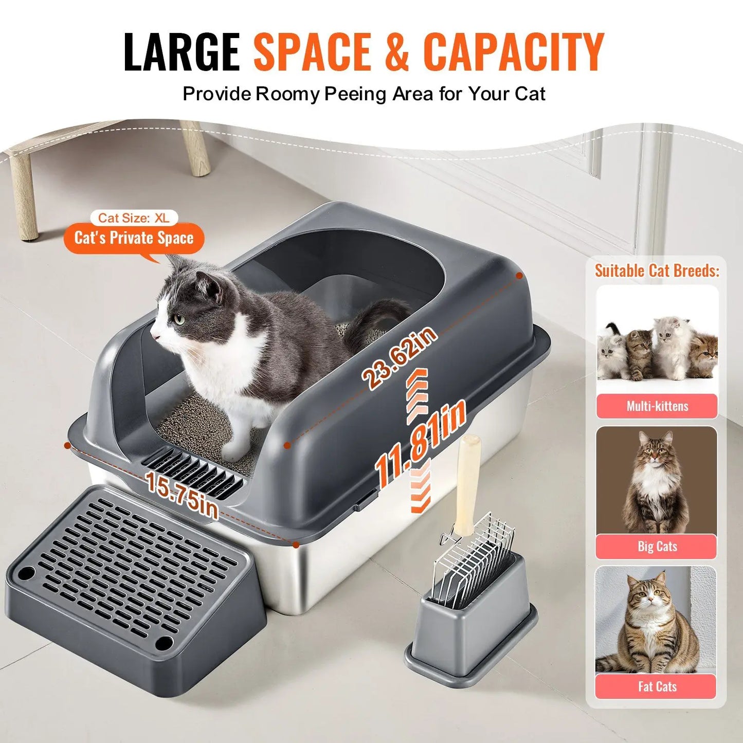 Stainless Steel Cat Litter Box with High Walls