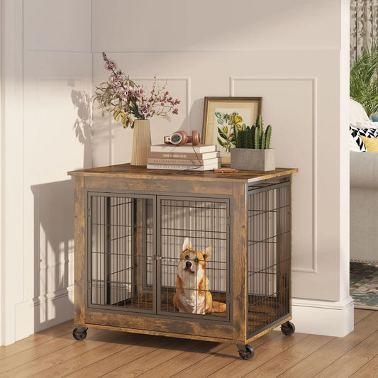 Furniture Style Dog Crate Side Table on Wheels