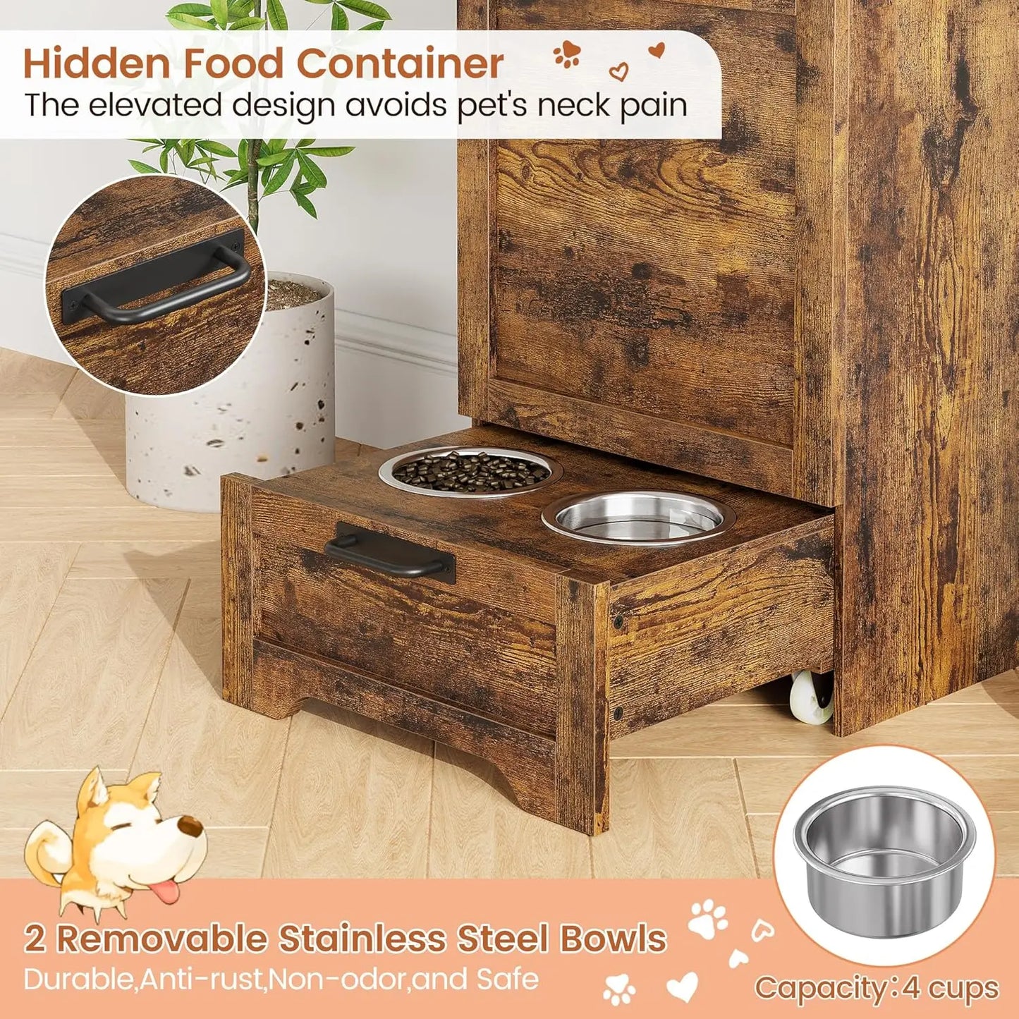 Dog Feeding Station with 2 Elevated Dog Bowls Flip Top Pet Food Cabinet Pet Food Container Pet Toys Storage Organizer