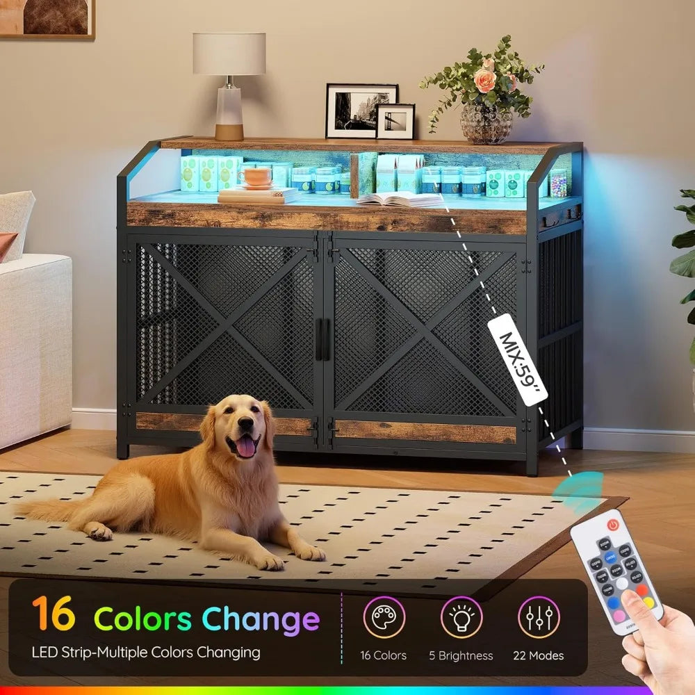 MKDK Large Dog Crate Furniture with LED Lights