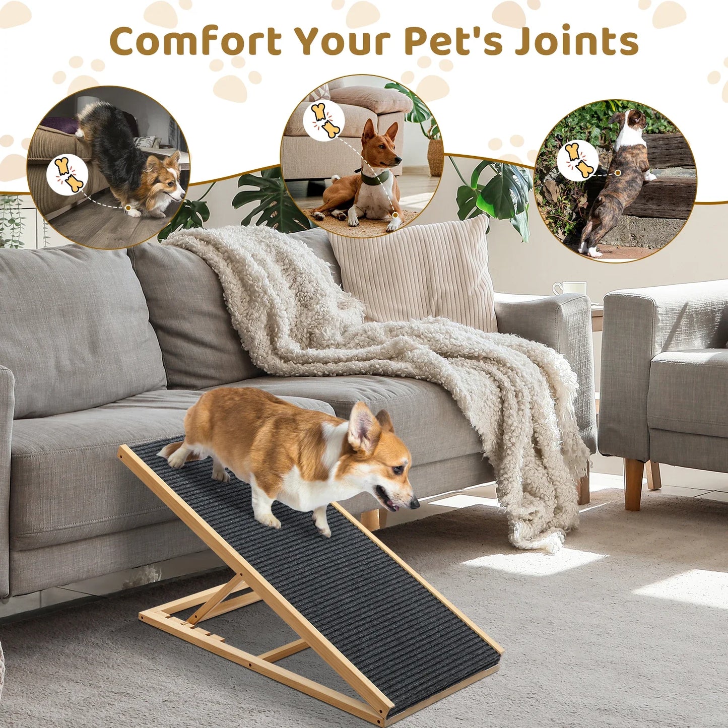 Foldable Wooden Dog Ramp Stairs Adjustable Height For Pets